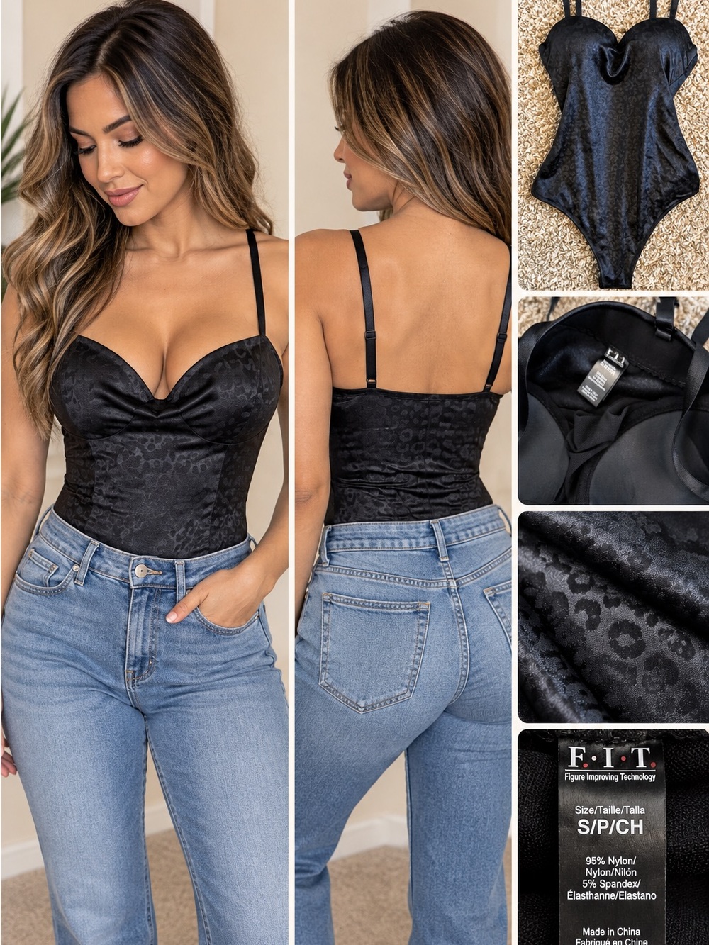 F.I.T. Black Satin Leopard Bodysuit Size S